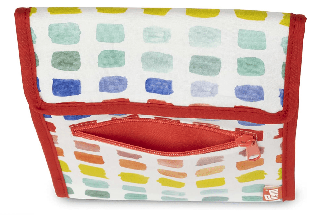 The Circular Knitting Needle Case by Bryson Distributing, Inc. has a red zipper pocket and trim, with a watercolor squares pattern on white—stylish for carrying your knitting needles or using as a lunch bag on the go.
