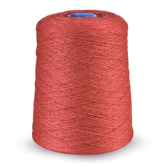 A mini cone of Revolution Fibers Zephira Wool-Silk 2/18 Yarn in red, featuring a slightly shiny and lustrous texture, is wound around a cylindrical core and stands upright on a white background.
