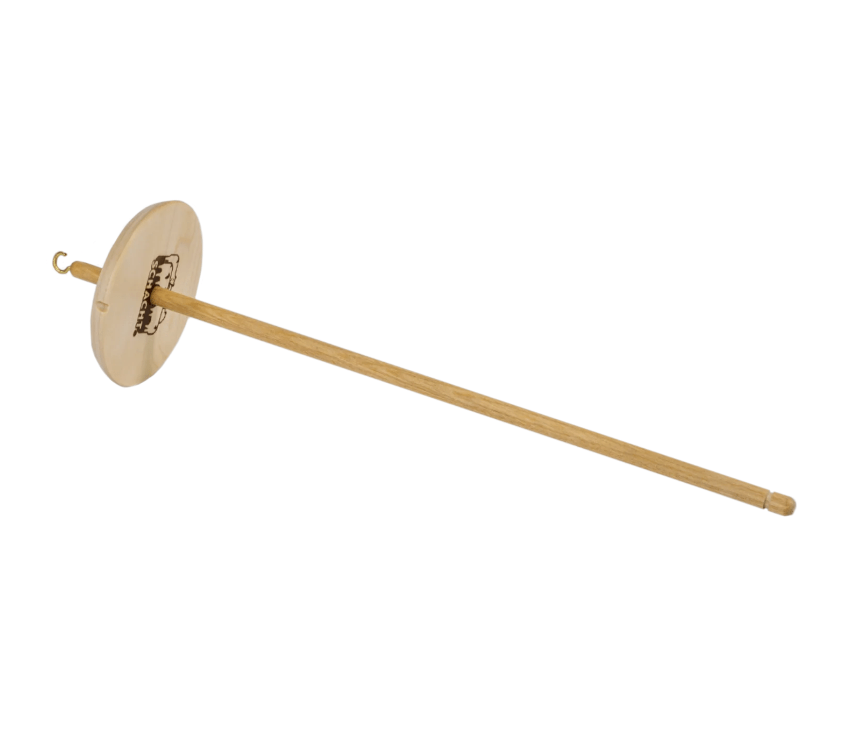 The Schacht Hi-Lo Drop Spindle by Schacht Spindle Co. features a round whorl and top hook, making it ideal for hand-spinning yarn with both high-whorl and low-whorl techniques.