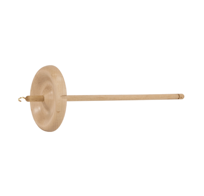 The Schacht Hi-Lo Drop Spindle by Schacht Spindle Co. features a wooden round whorl, long shaft, and small metal hook for spinning fiber into yarn. Shown photographed on a white background.