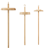 Three Schacht Hi-Lo Drop Spindles by Schacht Spindle Co., each with a top hook and round high- or low-whorl at varying positions along the shaft, displayed against a white background.
