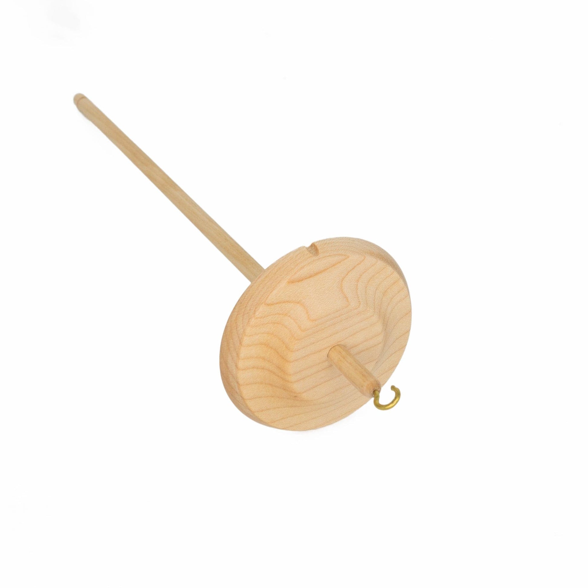 The Schacht Hi-Lo Drop Spindle by Schacht Spindle Co. features a round low-whorl, straight shaft, and a small metal hook at the top, shown on a plain white background.