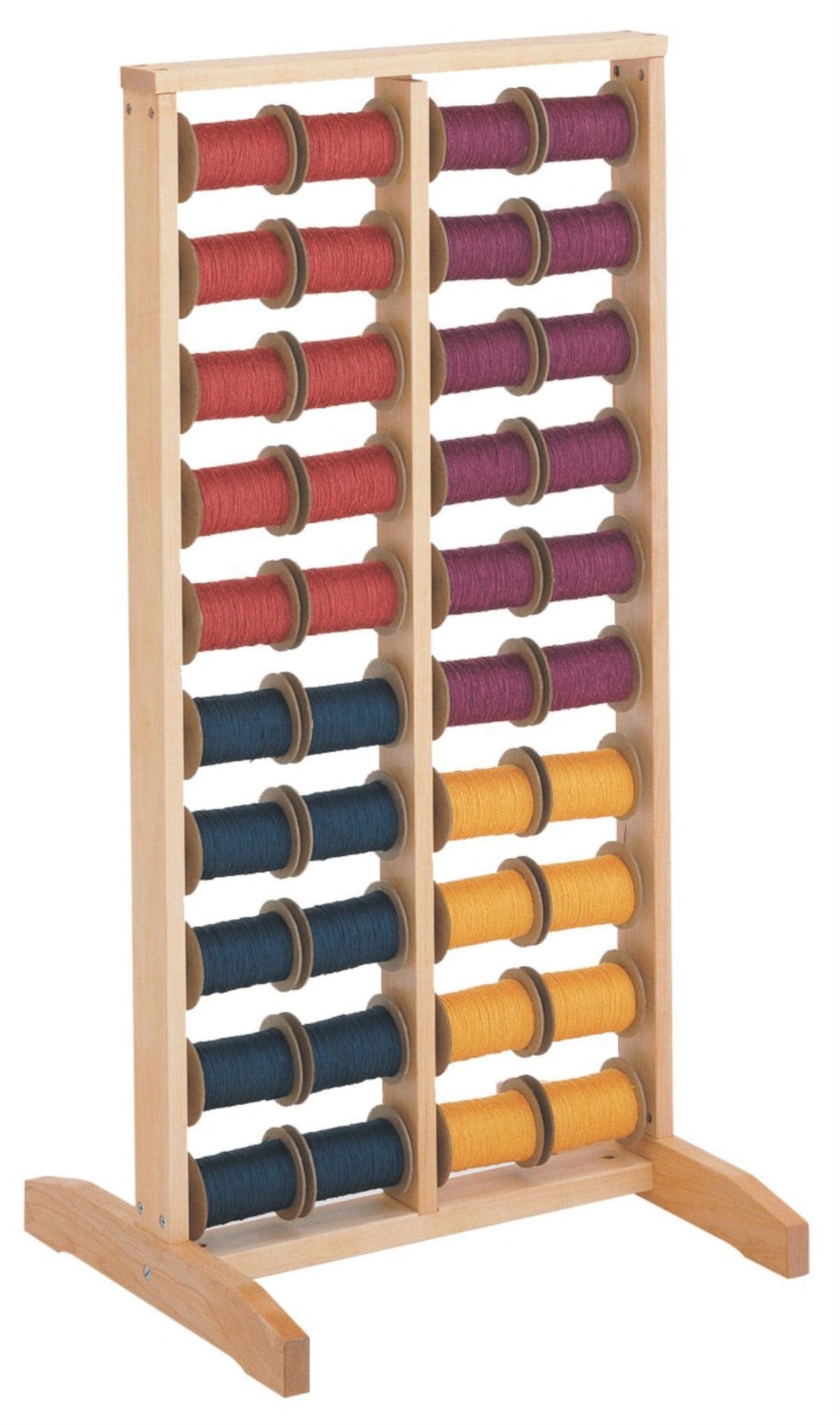 The Schacht Spool Rack by Schacht Spindle Co. features vertical rods like an abacus, each holding spools in multiple colors, arranged in two columns on a wooden stand. Temporarily out of stock with Schacht.