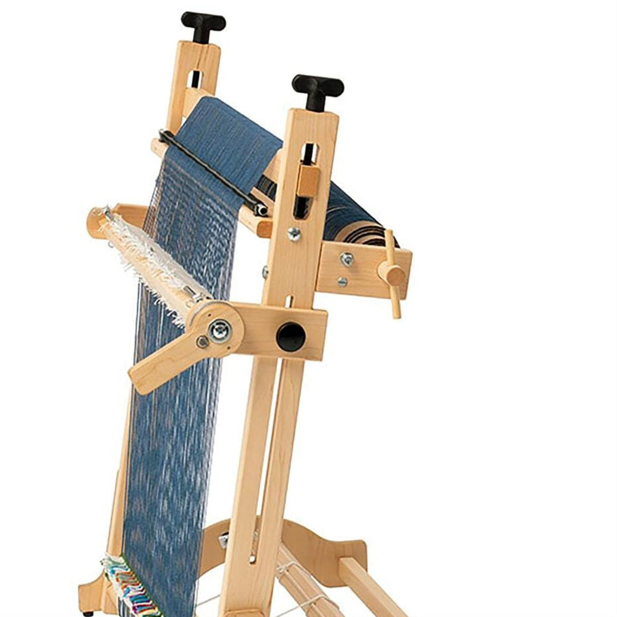 The Schacht Spindle Co. Arras 20" Tapestry Loom Beam Kit (temporarily out of stock w/Schacht) features a sturdy wooden frame, visible knobs, and vertical warp threads—ideal for advanced tapestry techniques and added versatility.