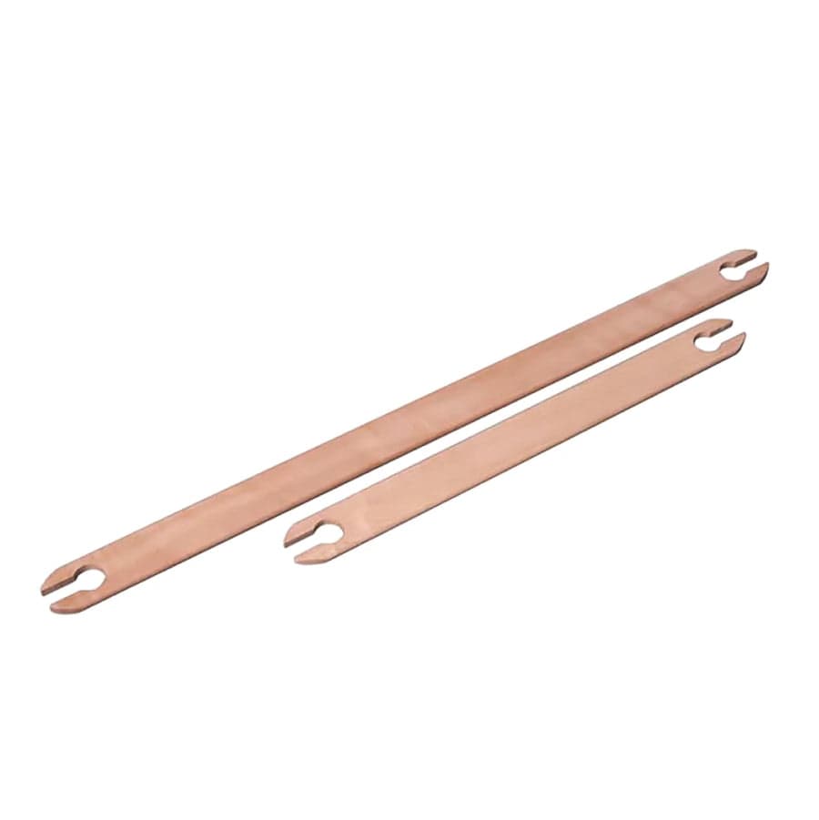 Two wooden spoke tension meters with open slots at each end, designed to measure spoke tension on bicycle wheels. The tools are arranged parallel to each other, with the smaller one placed above the larger one on a white background.
