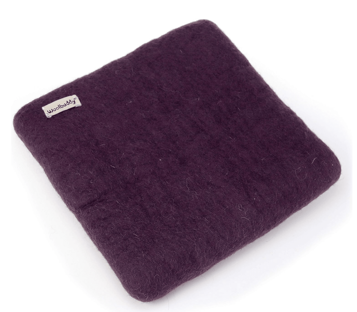The Woolbuddy Needle Felting Mat Large is a square, dark purple wool mat featuring a small fabric label with "Woolbuddy" sewn on one corner, shown against a white background.