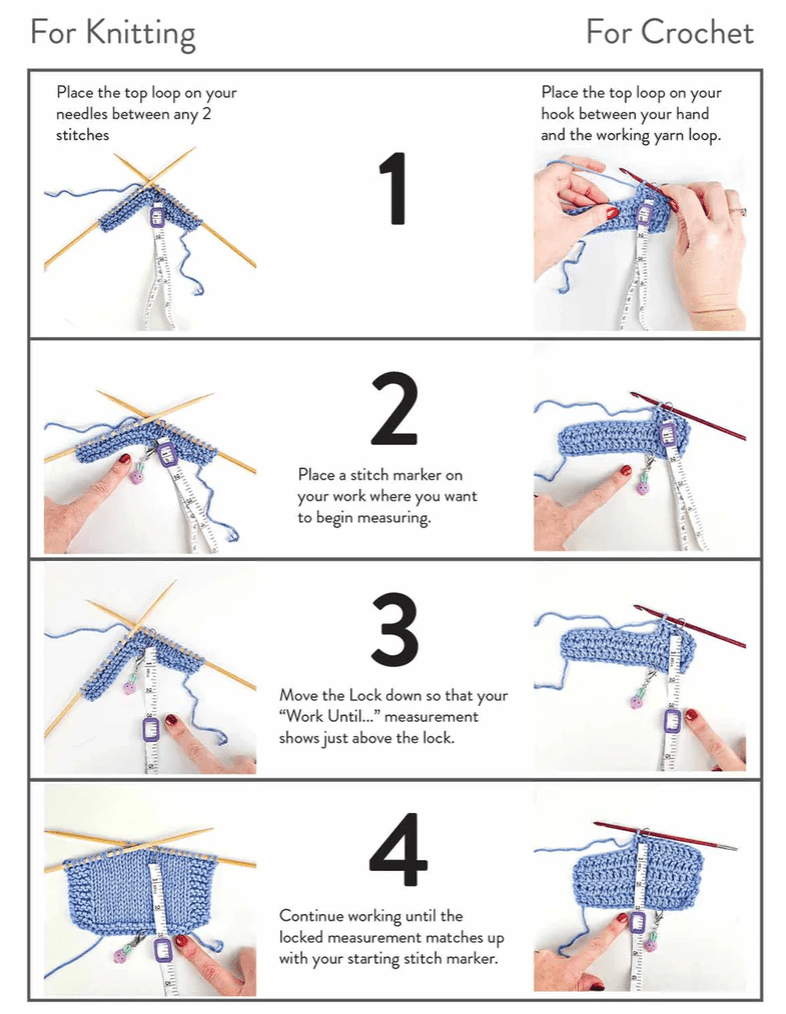 A step-by-step photo guide for measuring knitting or crochet with the Twice Sheared Sheep Work Until... Measuring Tape, including using a stitch marker, placing needles, marking, measuring, and matching stitch count.