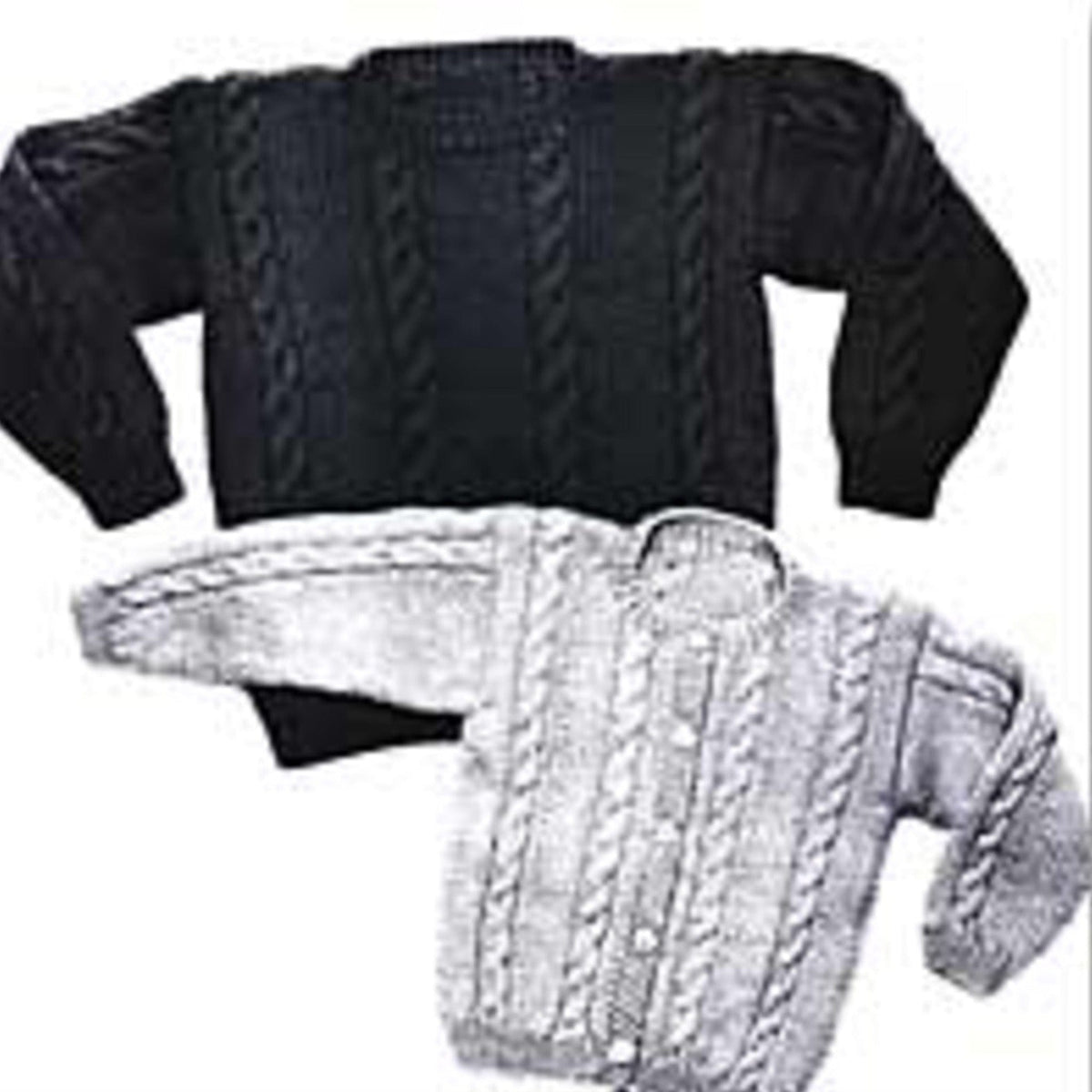 The Child's Cable Sweater, Pullover & Cardigan #22 by Yankee Knitter Designs includes a solid black pullover and light gray cardigan, both in worsted weight yarn with classic cable patterns and long sleeves for comfort.