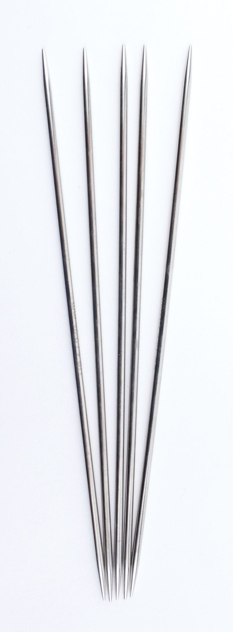 Five Knit Pro (Knitters Pride) Nova Metal Double-Point Knitting Needles, 6 inch by Accessories Unlimited, are arranged fan-like on a white background with their pointed ends meeting at the bottom.