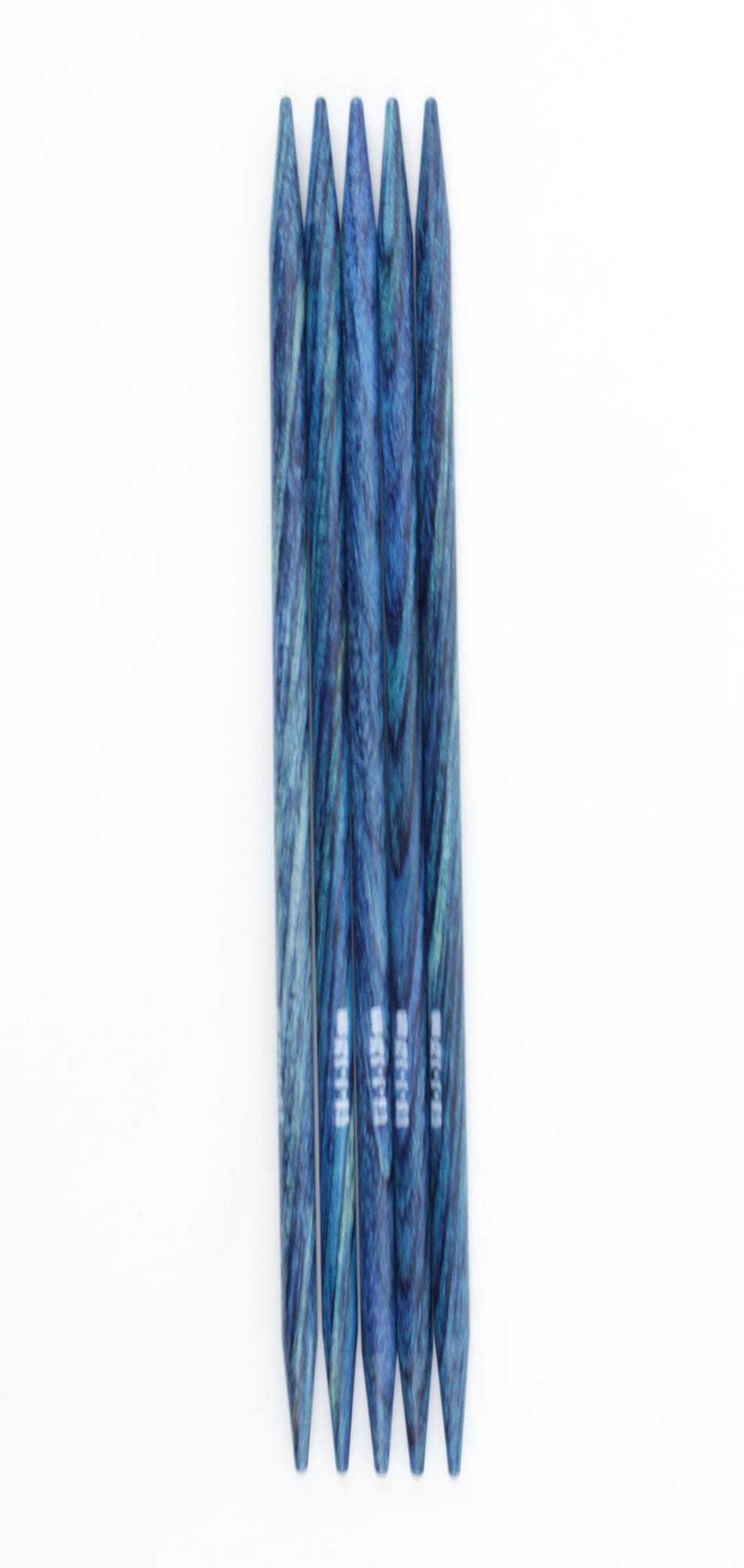 Five Accessories Unlimited Knit Pro (Knitters Pride) Dreamz Double Point Knitting Needles, 5", in blue birch, are neatly arranged side by side on a white background, highlighting their sleek double point design.