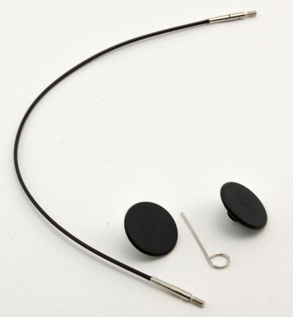 A Knit Pro (Knitters Pride) Interchangeable Circular Needle Cord for Dreamz and Nova by Accessories Unlimited, featuring metal tips, black plastic end caps, and a bent metal rod, displayed on a white background.