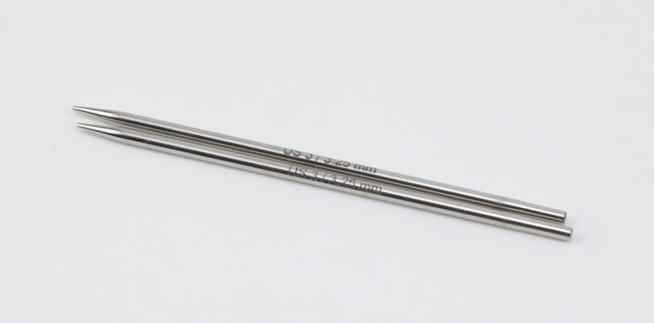 Two 5" Nova Metal Interchangeable Knitting Needles from Accessories Unlimited’s Knit Pro line are displayed parallel on a white background, highlighting their sleek, pointed silver design.