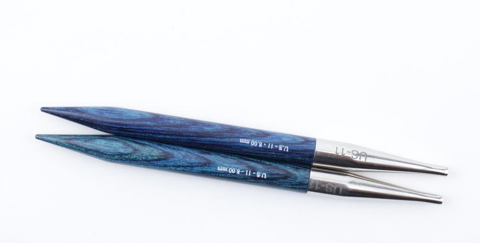 Two blue Accessories Unlimited Knit Pro (Knitters Pride) Dreamz Interchangeable Knitting Needle Tips with silver bases are arranged parallel to each other on a white background.