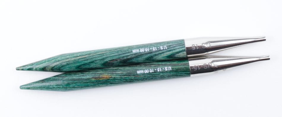 Two green Accessories Unlimited Knit Pro Dreamz Interchangeable Knitting Needle Tips with silver ends are placed parallel on a white background. The size is clearly marked in white on each needle tip.