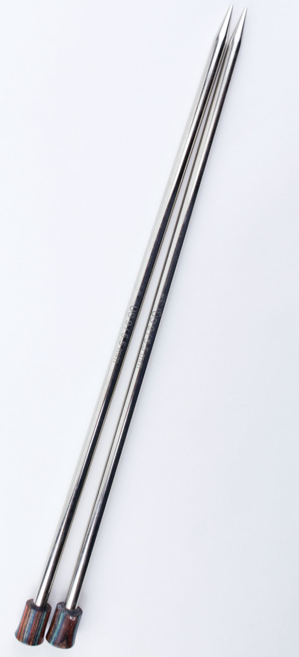 Two Accessories Unlimited Knit Pro Nova Metal Single Point Knitting Needles, 10" or 14", are placed side by side on a white background.