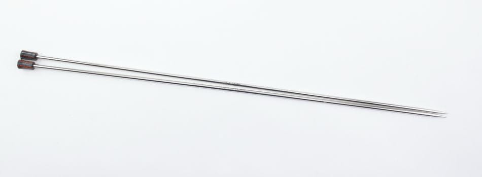 Two Accessories Unlimited Knit Pro Nova Metal single point knitting needles, 10" or 14", with red caps on one end, are placed parallel to each other on a white background.