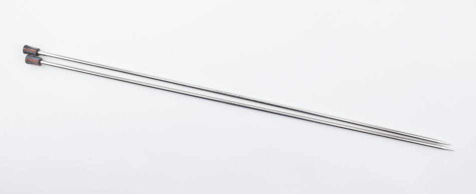 A pair of Accessories Unlimited Knit Pro (Knitters Pride) Nova Metal Single Point Knitting Needles, 10" or 14", with pointed tips and small caps, are placed parallel on a white background.