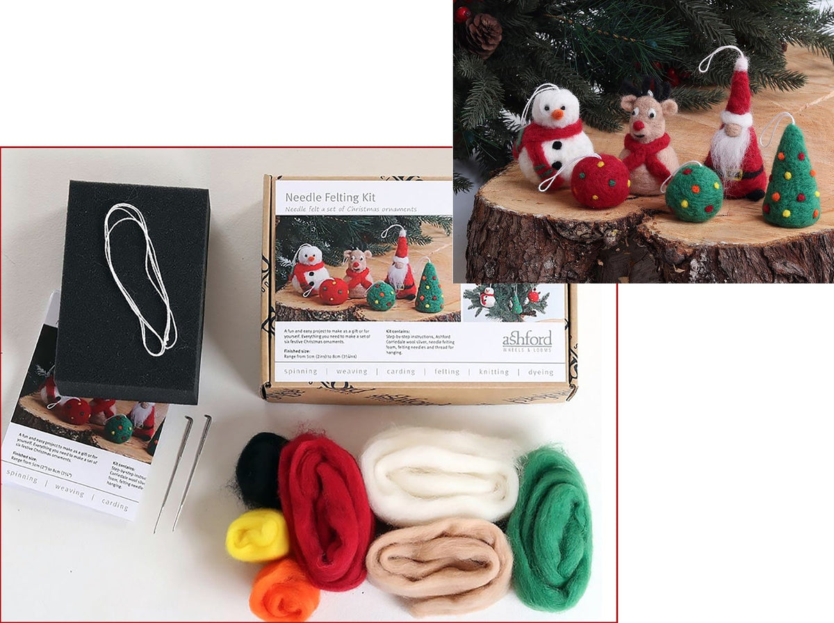 The Ashford Needle Felting Kit by Ashford Handicrafts Limited includes colorful wool, felting needles, a foam block, and instructions. The box shows felted Christmas ornaments—snowman, mouse, Santa, and festive shapes—ideal for beginners.