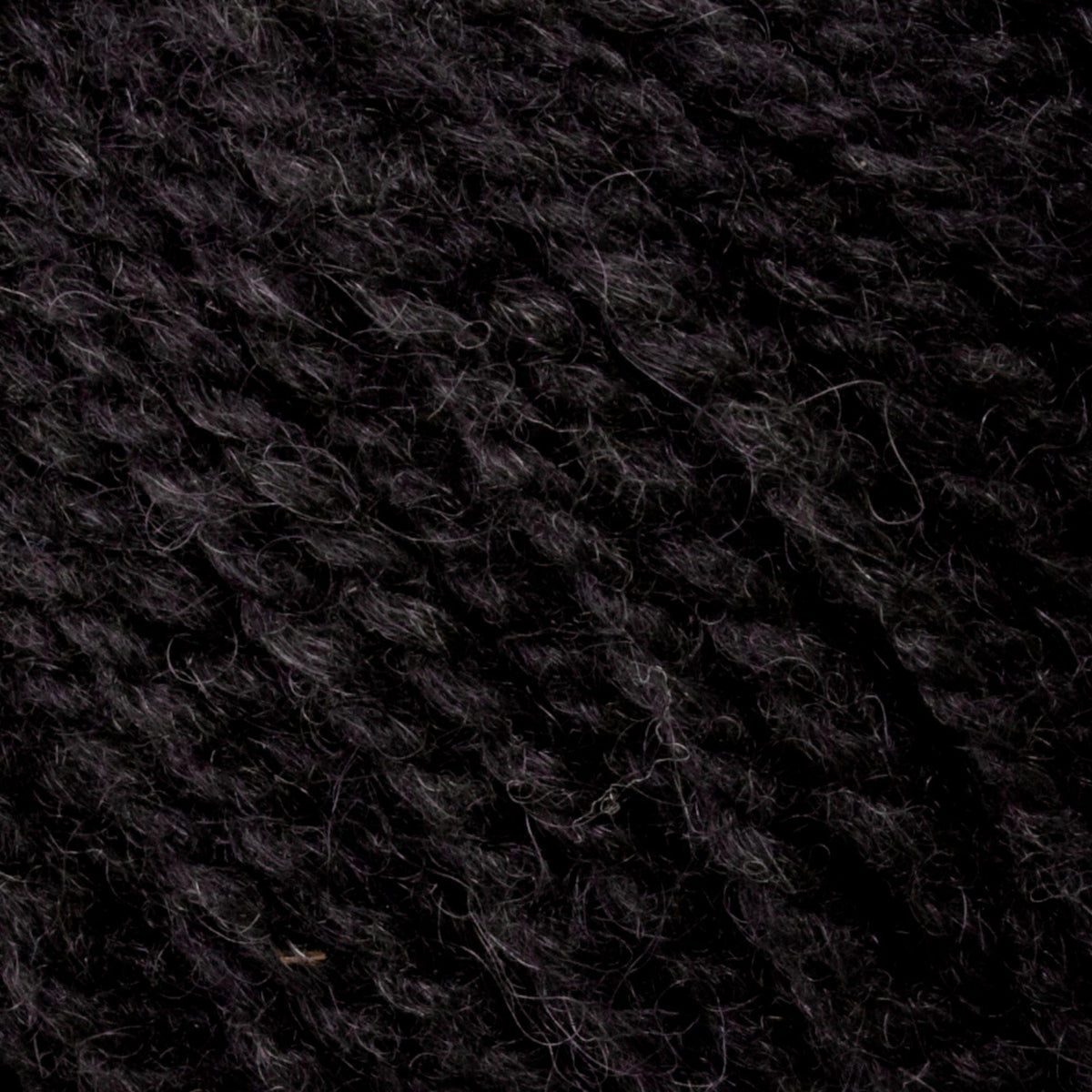 Close-up of Bartlettyarns Maine Wool Yarn (Fisherman 2-Ply) by Bartlettyarns, showing its soft, fibrous texture and tightly twisted dark black worsted weight strands.