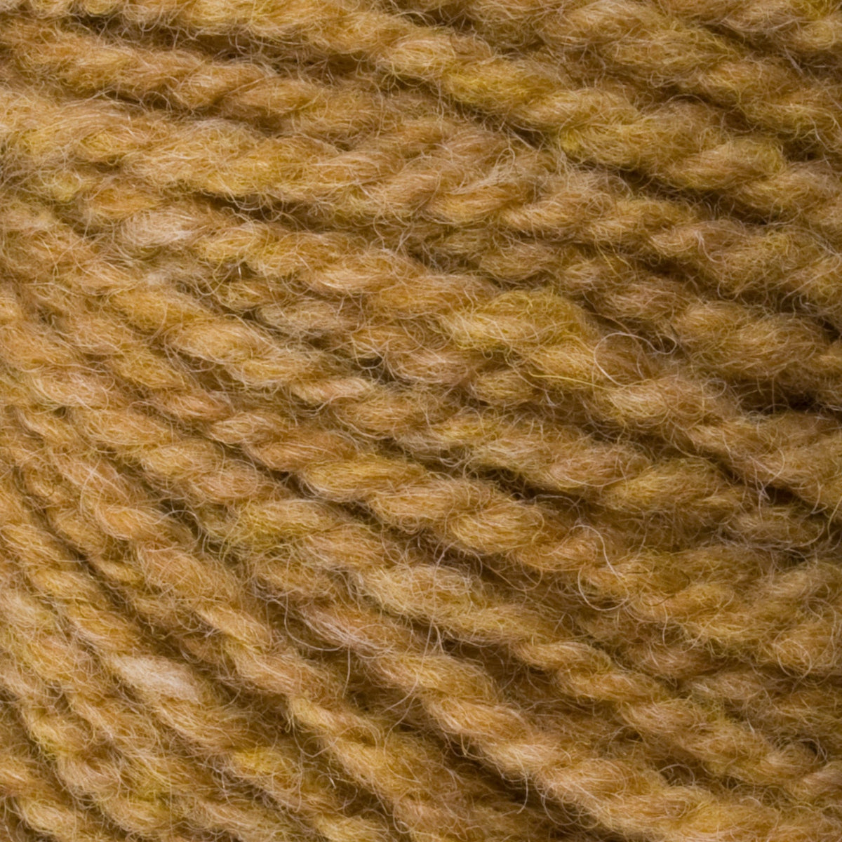 Close-up of Bartlettyarns Maine Wool Yarn (Fisherman 2-Ply) by Bartlettyarns: thick, golden-brown wool with a soft, fuzzy texture. Tightly twisted strands create a classic, worsted weight yarn with a warm and cozy look.