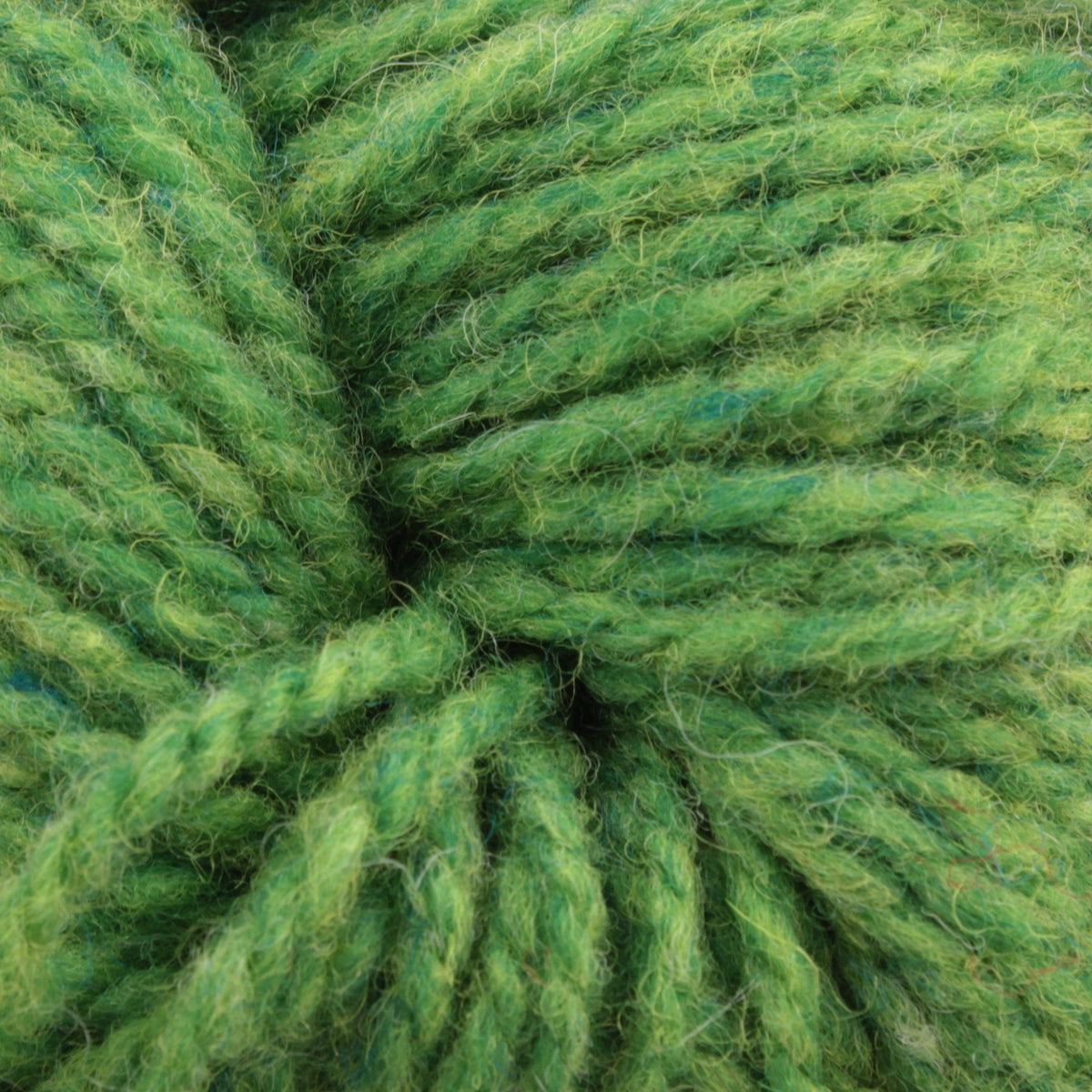 Close-up of Bartlettyarns Maine Wool Yarn (Fisherman 2-Ply) strands by Bartlettyarns, featuring thick, green fibers twisted together with a soft, fuzzy texture and gentle color variations.