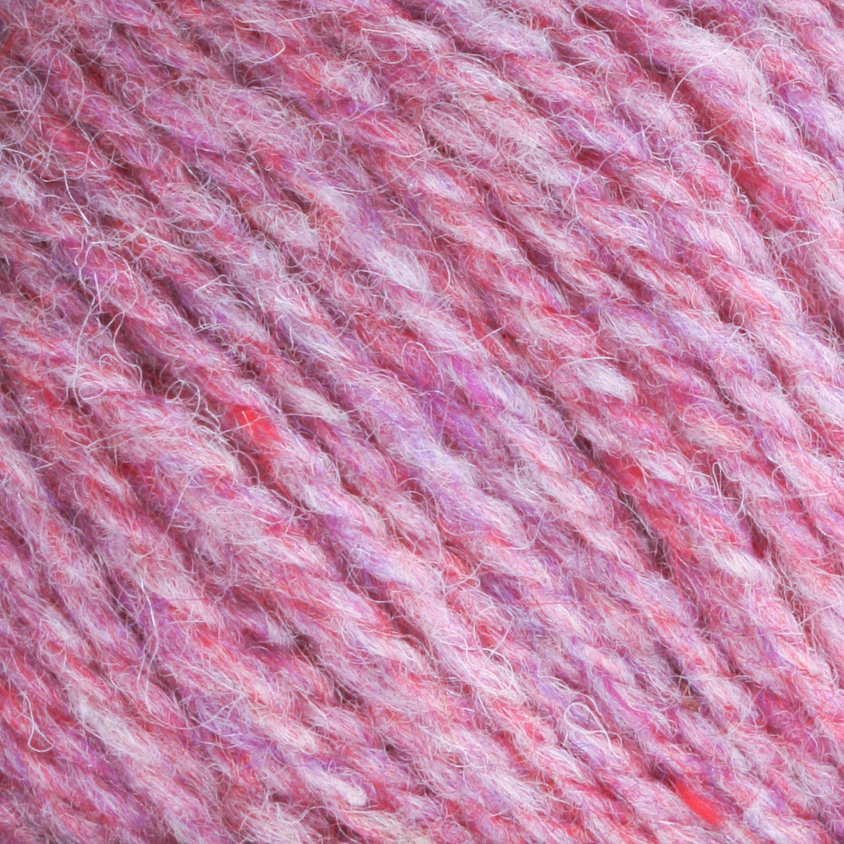 Close-up of Bartlettyarns Maine Wool Yarn (Fisherman 2-Ply) by Bartlettyarns, highlighting its pink and purple variegation, soft fuzzy texture, and twisted fibers for a cozy, warm look.