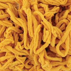 A close-up image of a pile of Friendly Loom's Harrisville Potholder Loops in traditional size showcases intertwined and layered curly, yellow fabric strips that resemble cotton loops on a classic loom, with their soft, knit-like texture and various twists and turns creating a complex pattern.
