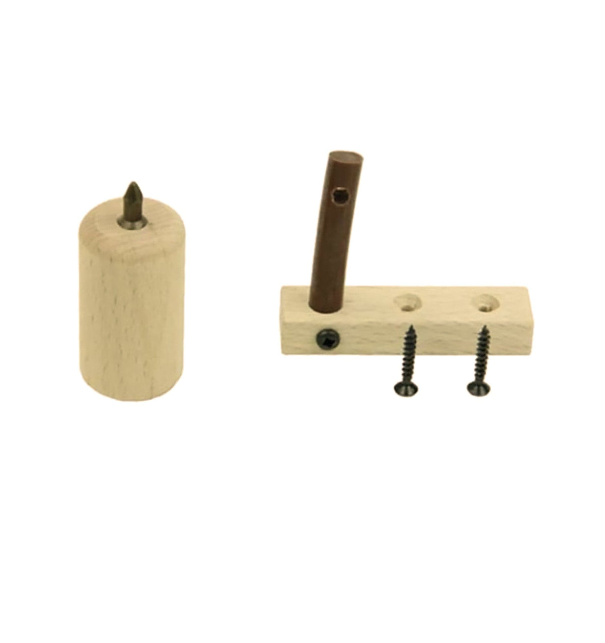 The Louët S40 Repair Kit Attachment Lazy Kate by Louet Inc. features a vertical handle and Lazy Kate connector for precise drilling, includes two metal screws, three alignment holes on the rectangular base, and a separate cylindrical wooden piece.