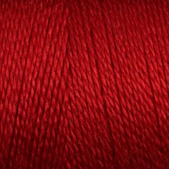 Close-up of tightly twisted Maurice Brassard 8/2 Tencel Yarn | Mini-cone in red, highlighting its smooth, shiny texture and vibrant color—ideal for weaving projects.