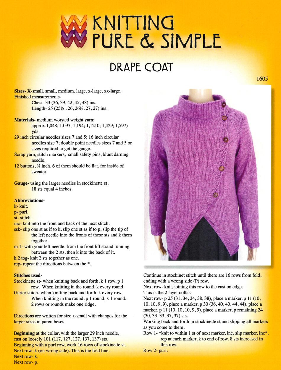Knitting Patterns Drape Coat by Knitting Pure and Simple